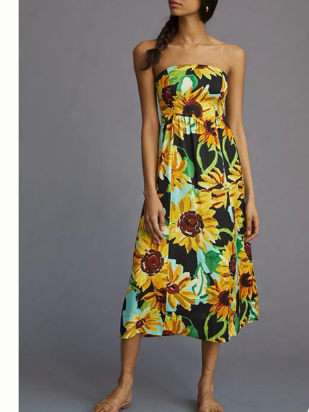 Anthropologie Black Strapless Sunflower Print Midi Dress